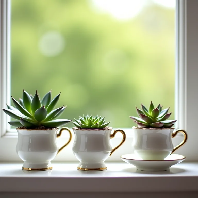 Xícaras de chá antigas usadas como vasinhos de plantas para suculentas.