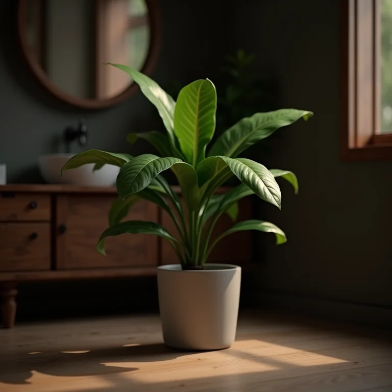 Zamioculca em banheiro boho chic com pouca luz.