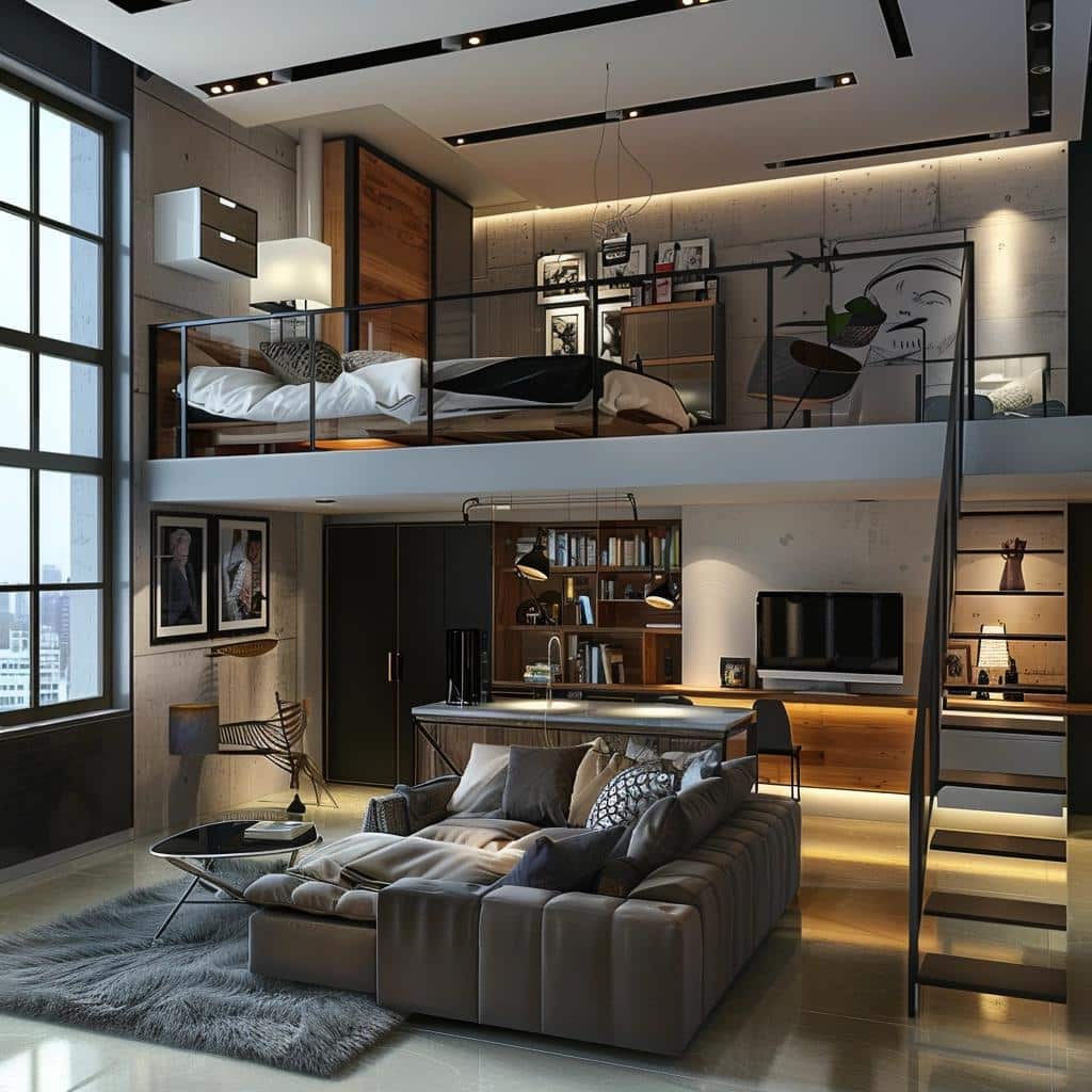 Maximizando Espaço com Cama Suspensa e Área de Trabalho Integrada - detalhe