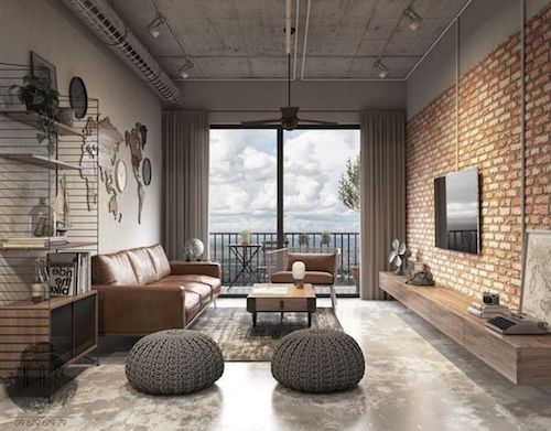 Estilo Industrial Moderno: Decoração de Sala de TV com Cimento Queimado e Tubulações Expostas - ideia