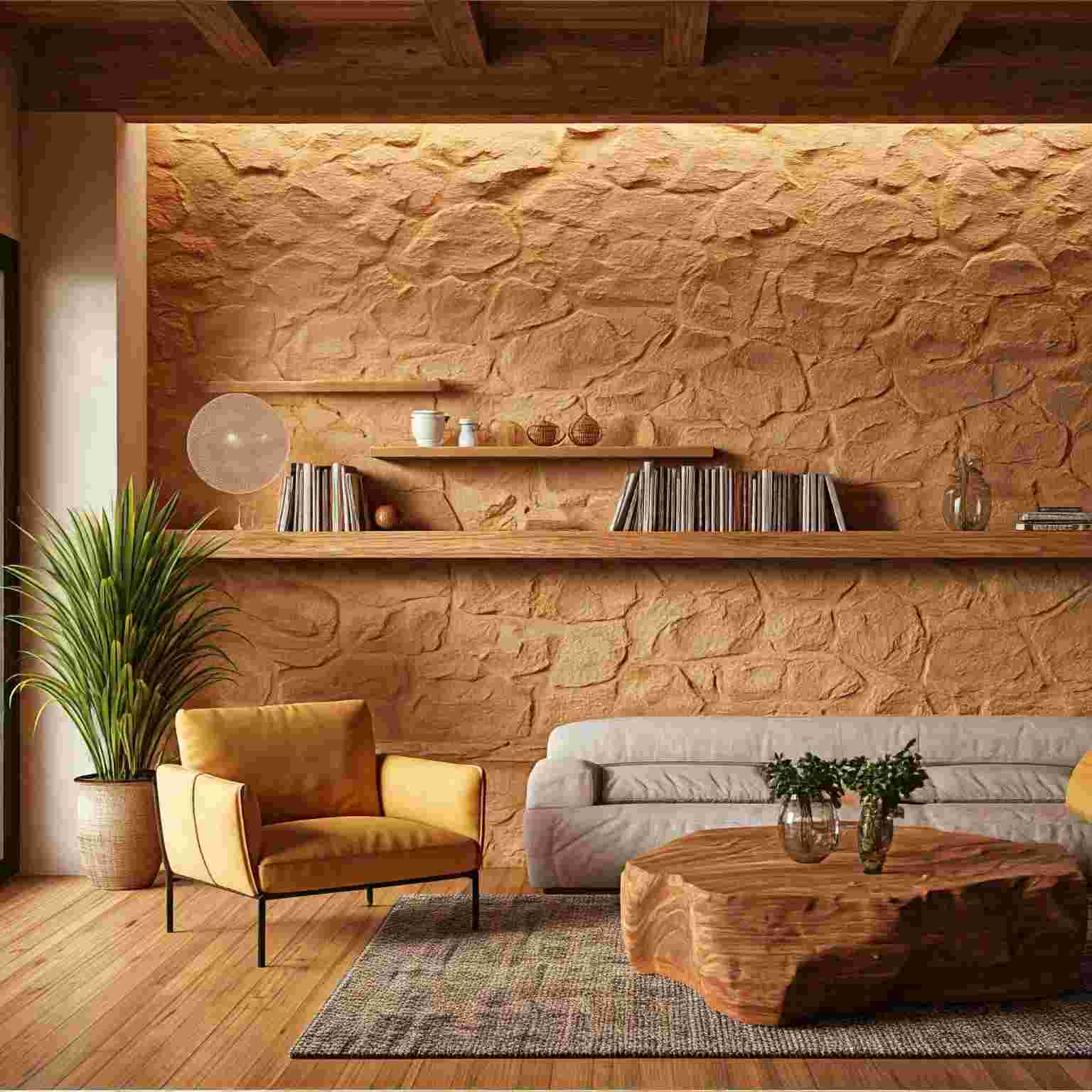 Efeito Natural: Sala com Textura de Pedras Naturais e Iluminação Estratégica - detalhe