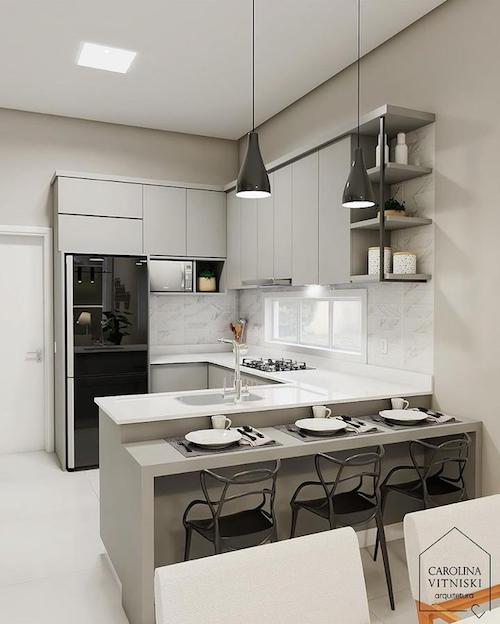 Cozinha Planejada Pequena com Bancada Estendida para Refeições - detalhe