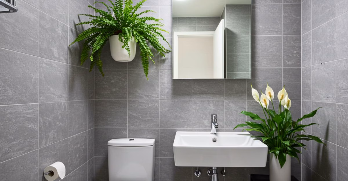 Banheiro Cinza com Plantas: Um Oasis de Paz e Frescor - ideia