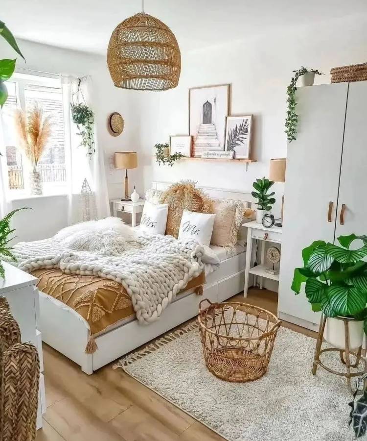 Quarto de Casal Rústico com Detalhes em Palha - ideia