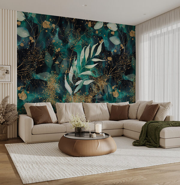 Frescor Tropical: Papel de Parede 3D com Folhagens Exuberantes - detalhe