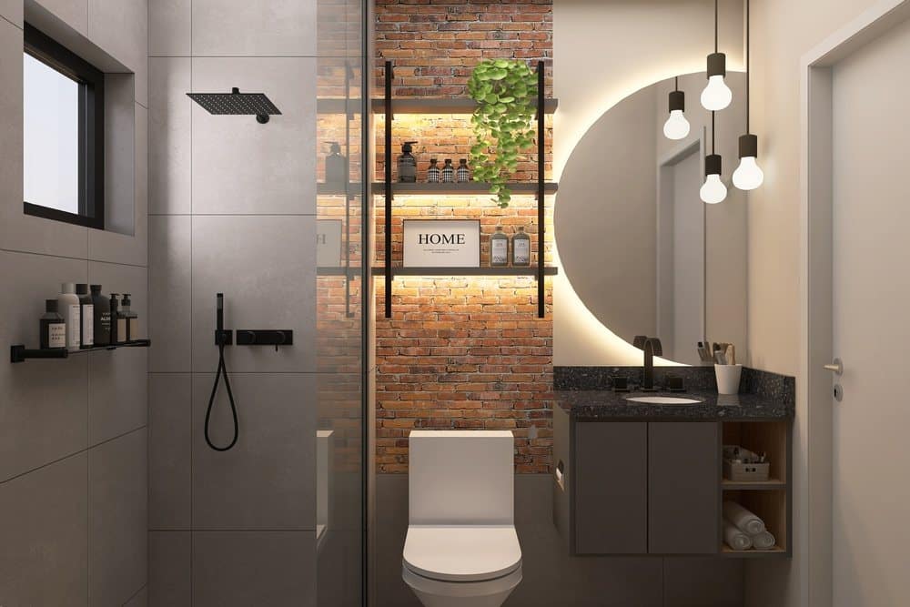 Banheiro Rústico Moderno com Tijolinho Aparente e Metais Pretos - detalhe