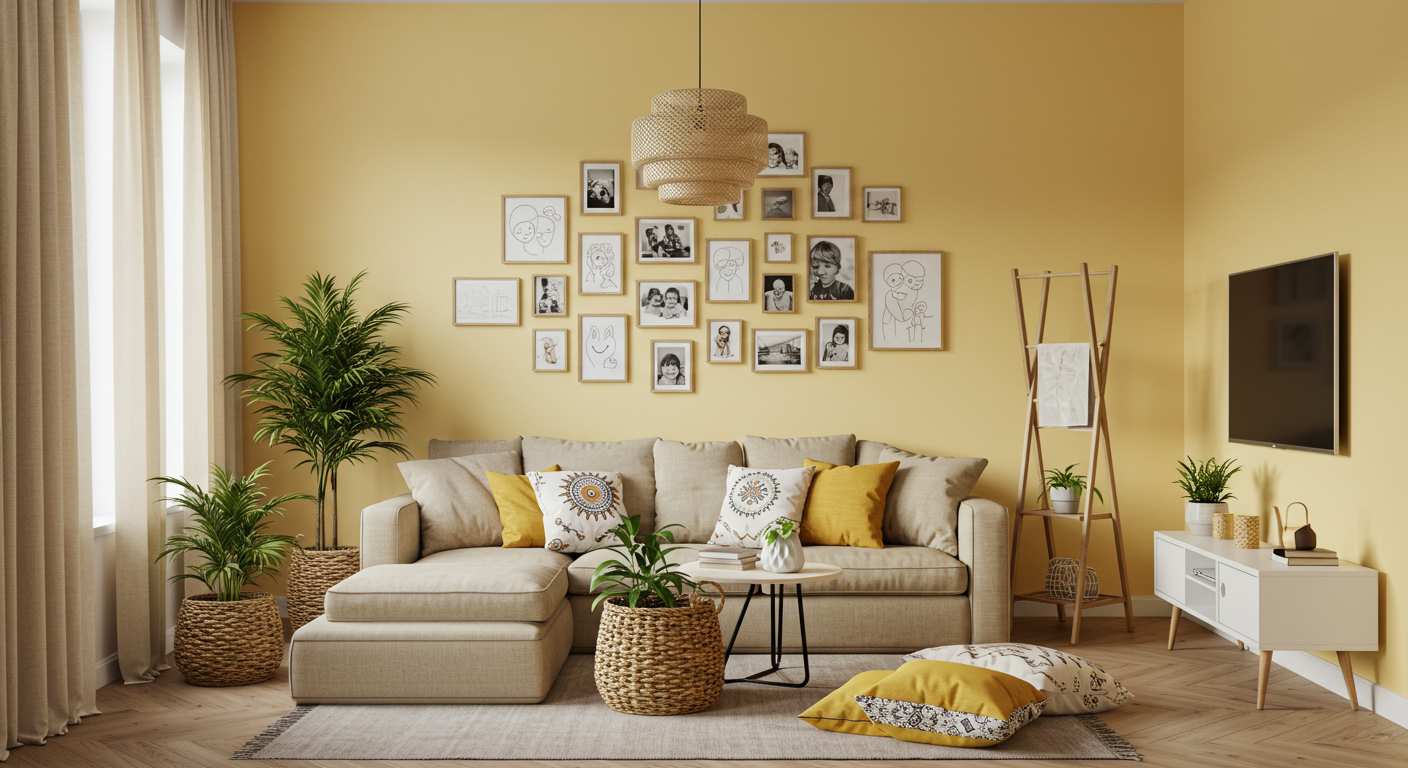 Amarelo Palha Relaxante com Plantas Pendentes - inspiração