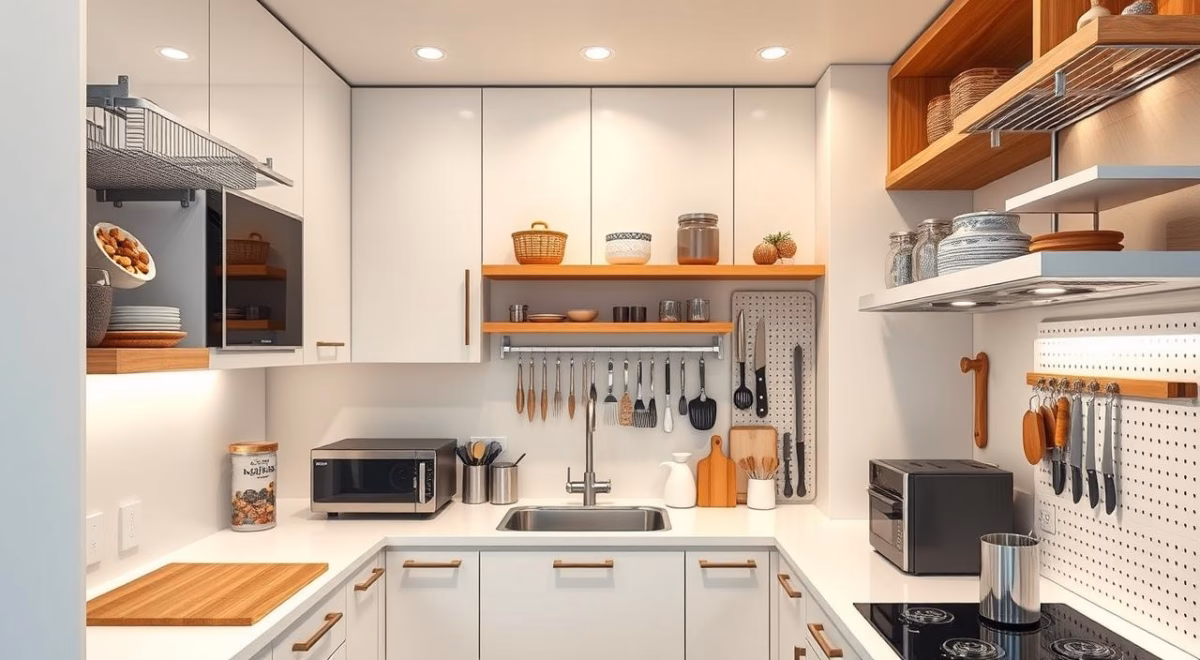 Maximizando Espaço com Cozinha Planejada Suspensa e Iluminação Estratégica - ideia