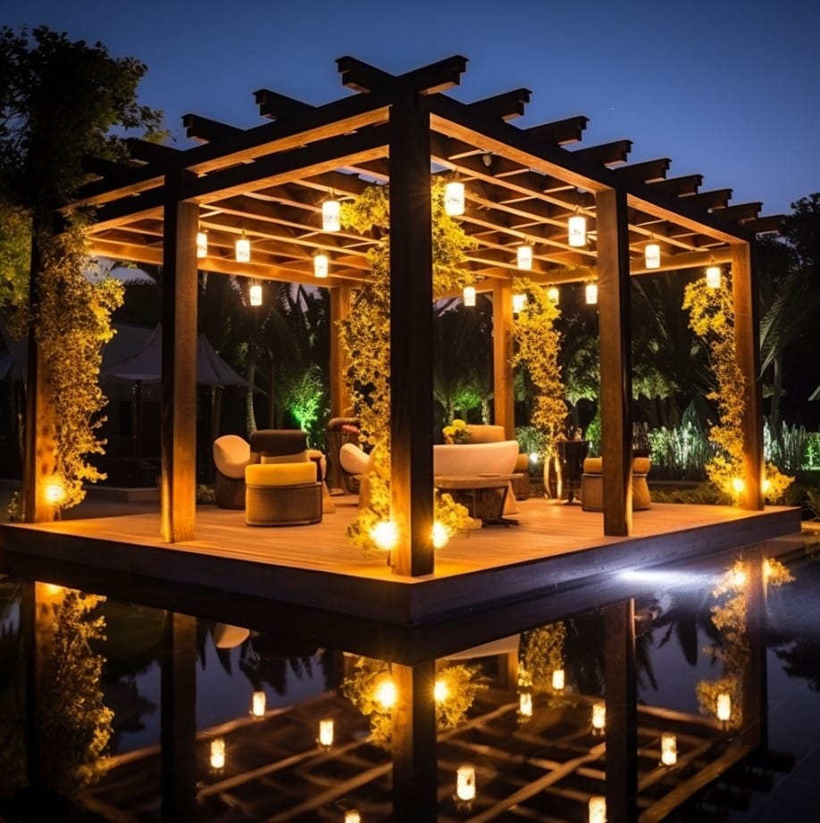 Pergolado Iluminado: Charme Noturno com Luzes e Plantas - inspiração