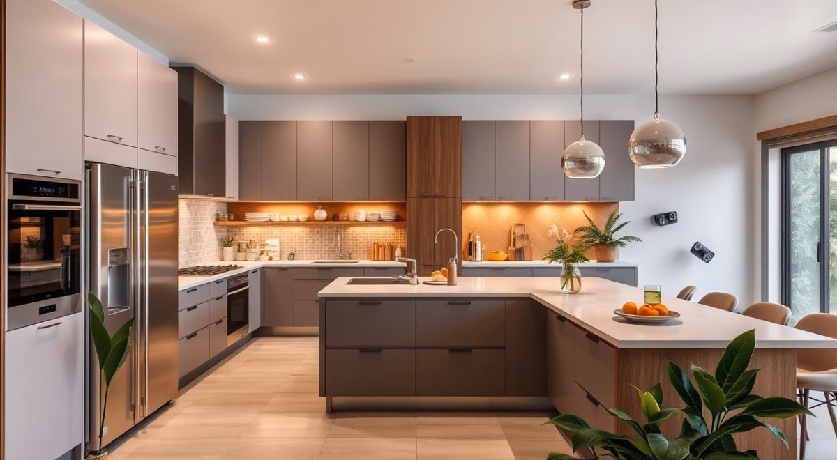 Cozinha Moderna com Prateleiras Aéreas e Utensílios à Mostra - detalhe