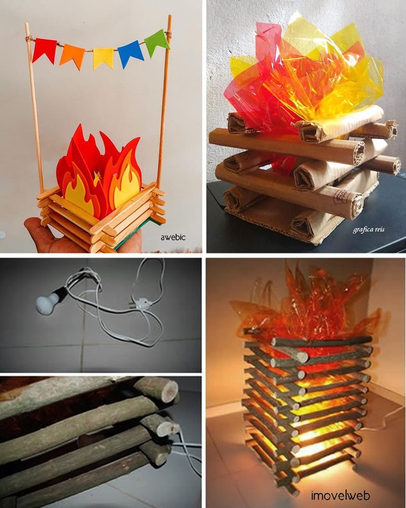 Fogueira Ecológica: Decoração Sustentável com Madeira de Demolição e Luzes - detalhe