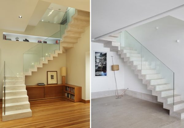 Escada Imponente com Degraus em Silestone Branco e Guarda-Corpo em Vidro - ideia