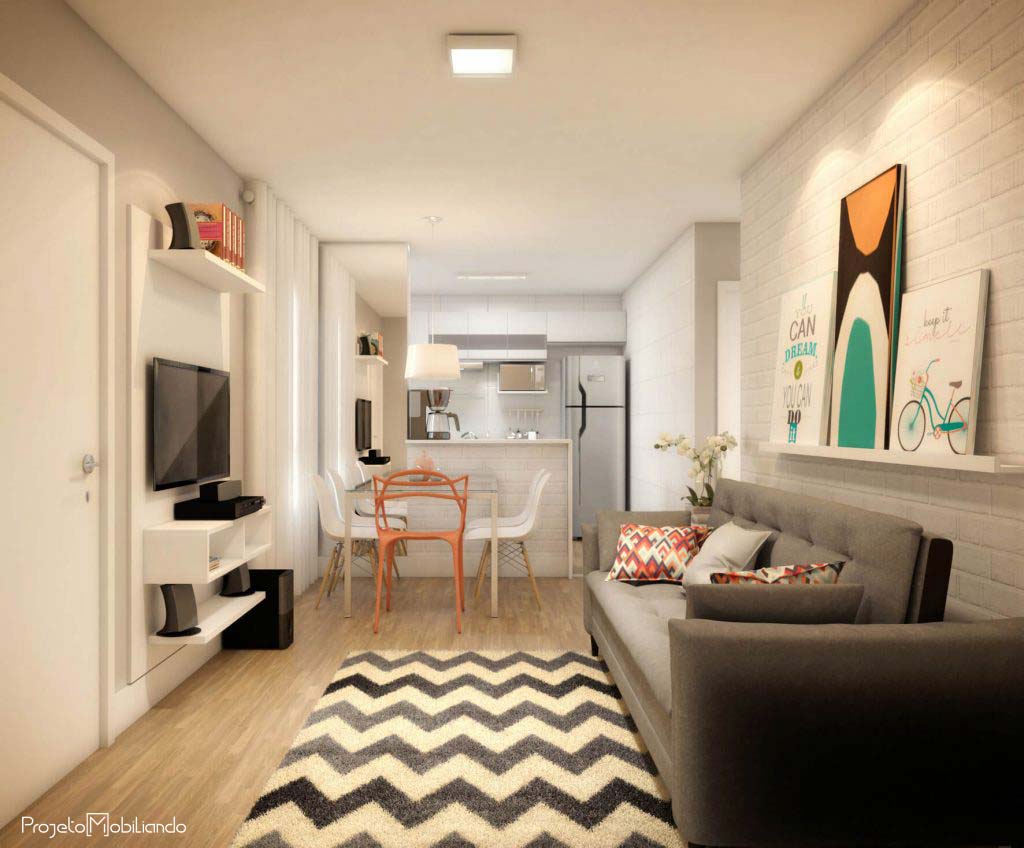 Sala de Estar Compacta com Móveis Suspensos e Espelhos - ideia