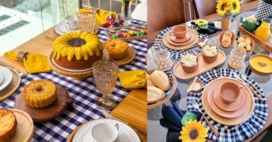 Mesa Posta Festiva Junina: Xadrez, fitas e comidas típicas para animar - ideia