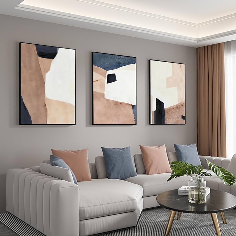 Arte Abstrata: Sala de Estar com Galeria de Quadros e Cores Neutras - ideia