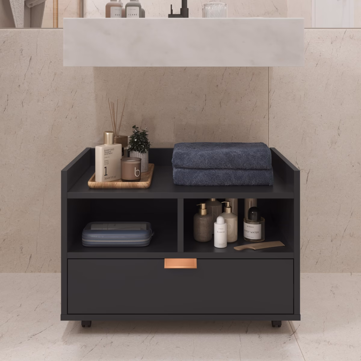 Armário de Banheiro Estilo Farmhouse com Metalon Preto: Um Toque Industrial Aconchegante! - detalhe