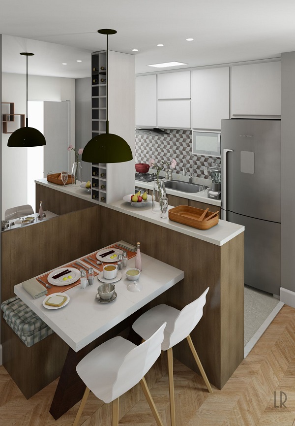 Canto Alemão Integrado com a Cozinha Americana e Bancada Estendida - inspiração