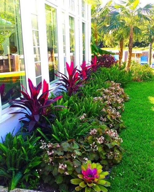 Jardim Tropical Vibrante com Cores Quentes e Folhagens Exuberantes - ideia