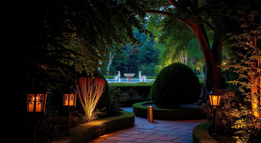 Fontes e Espelhos D'Água Iluminados: Um Oasis de Paz e Beleza Noturna - inspiração