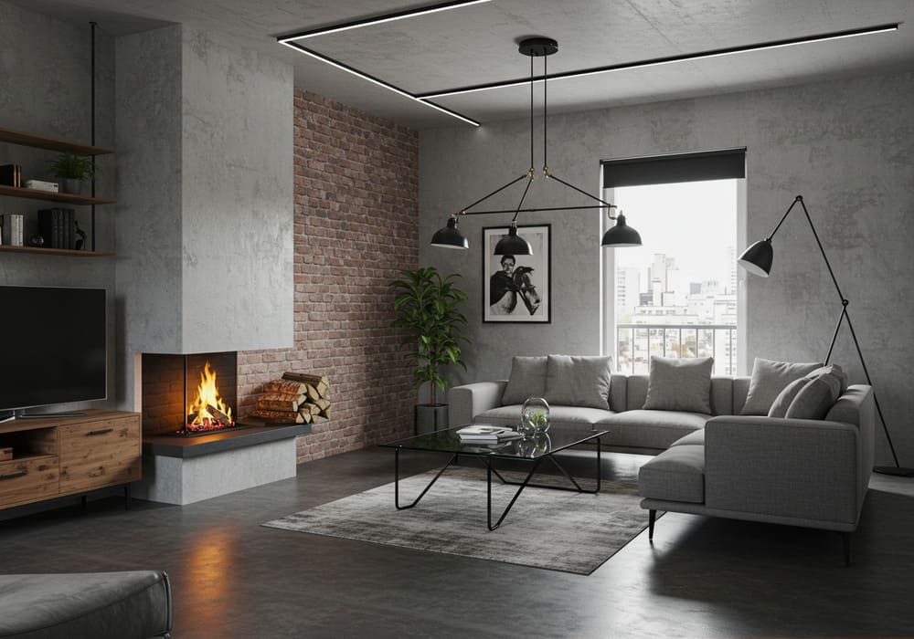 Elegância Urbana: Sala de Estar com Detalhes em Metal e Concreto Aparente - ideia