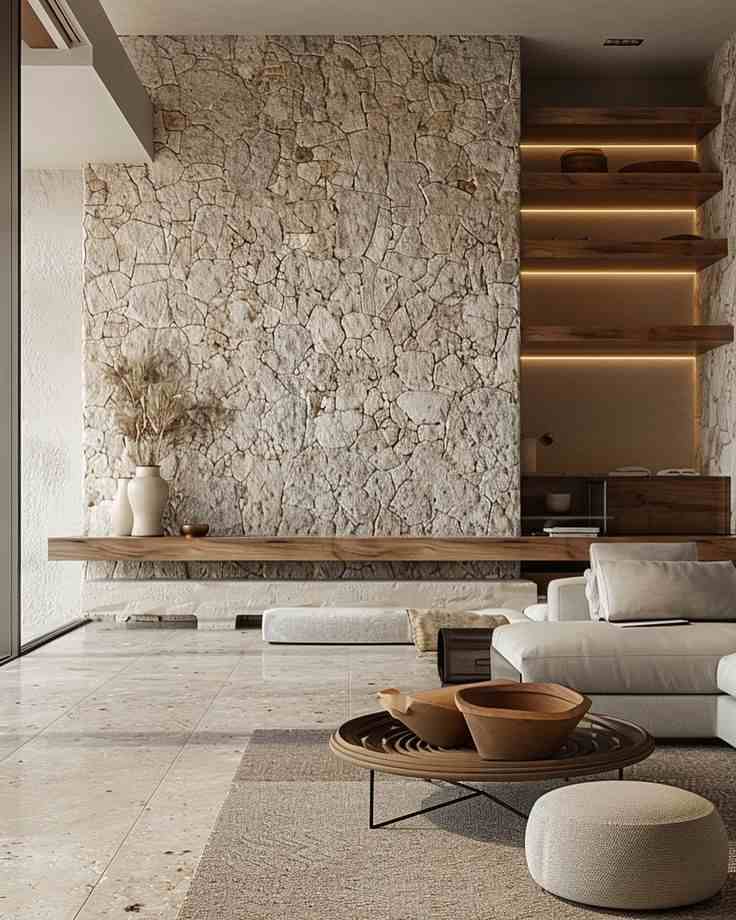 Efeito Natural: Sala com Textura de Pedras Naturais e Iluminação Estratégica - inspiração