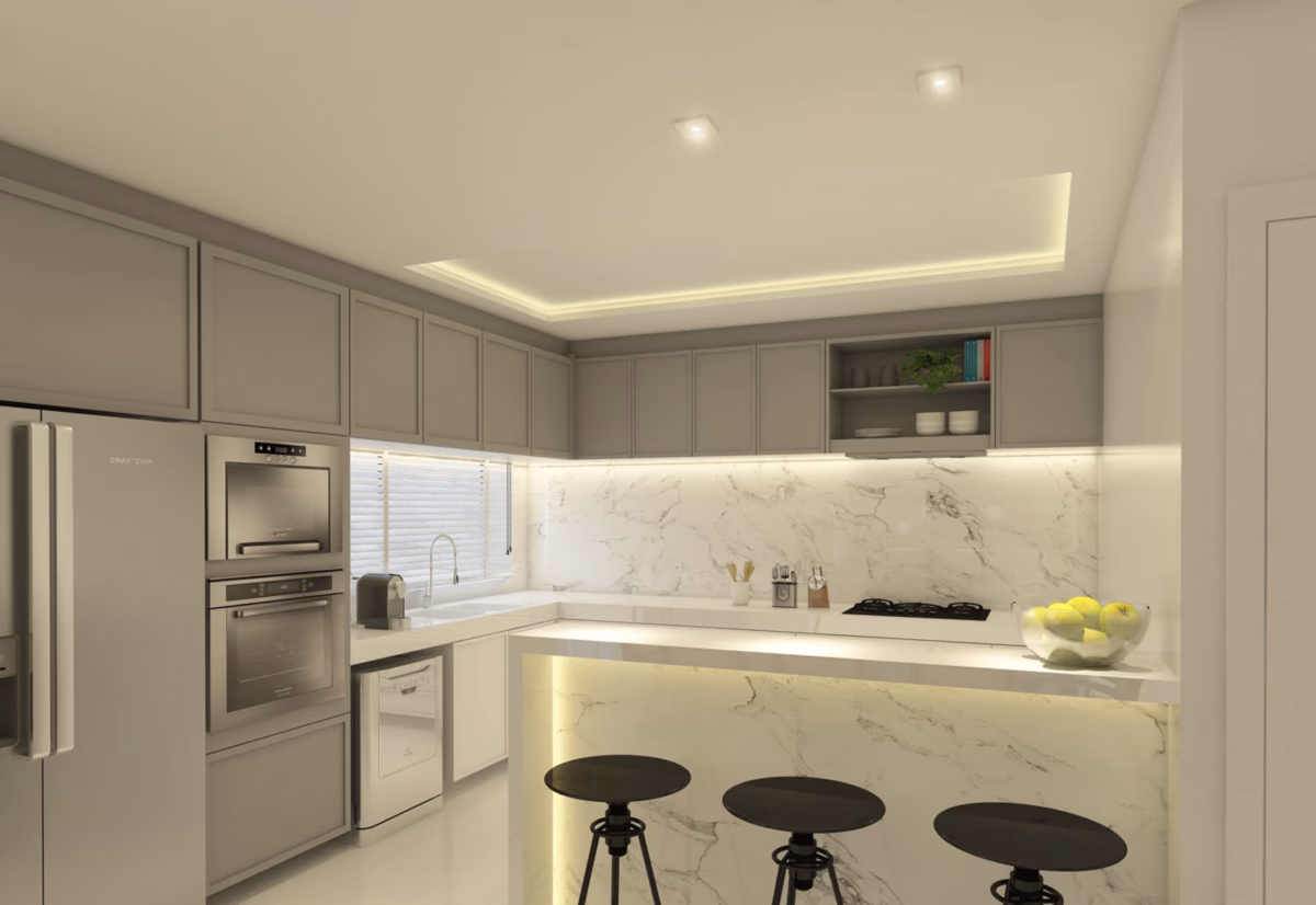 Com Luminárias Embutidas e Fita LED: Iluminação Estratégica e Moderna - ideia
