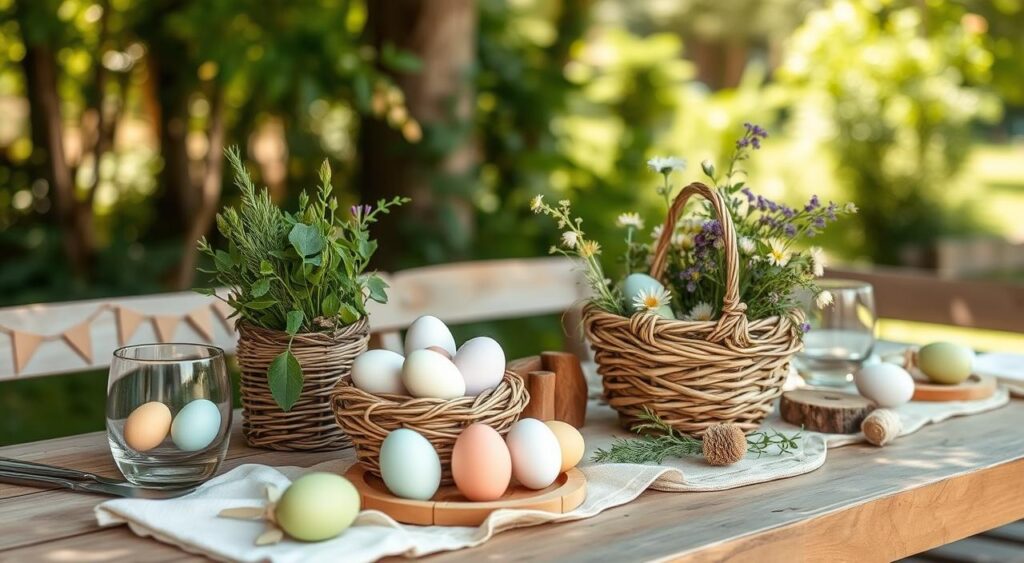 Toque Campestre: Decoração de Páscoa Rústica com Cestos de Vime, Juta e Flores do Campo - detalhe
