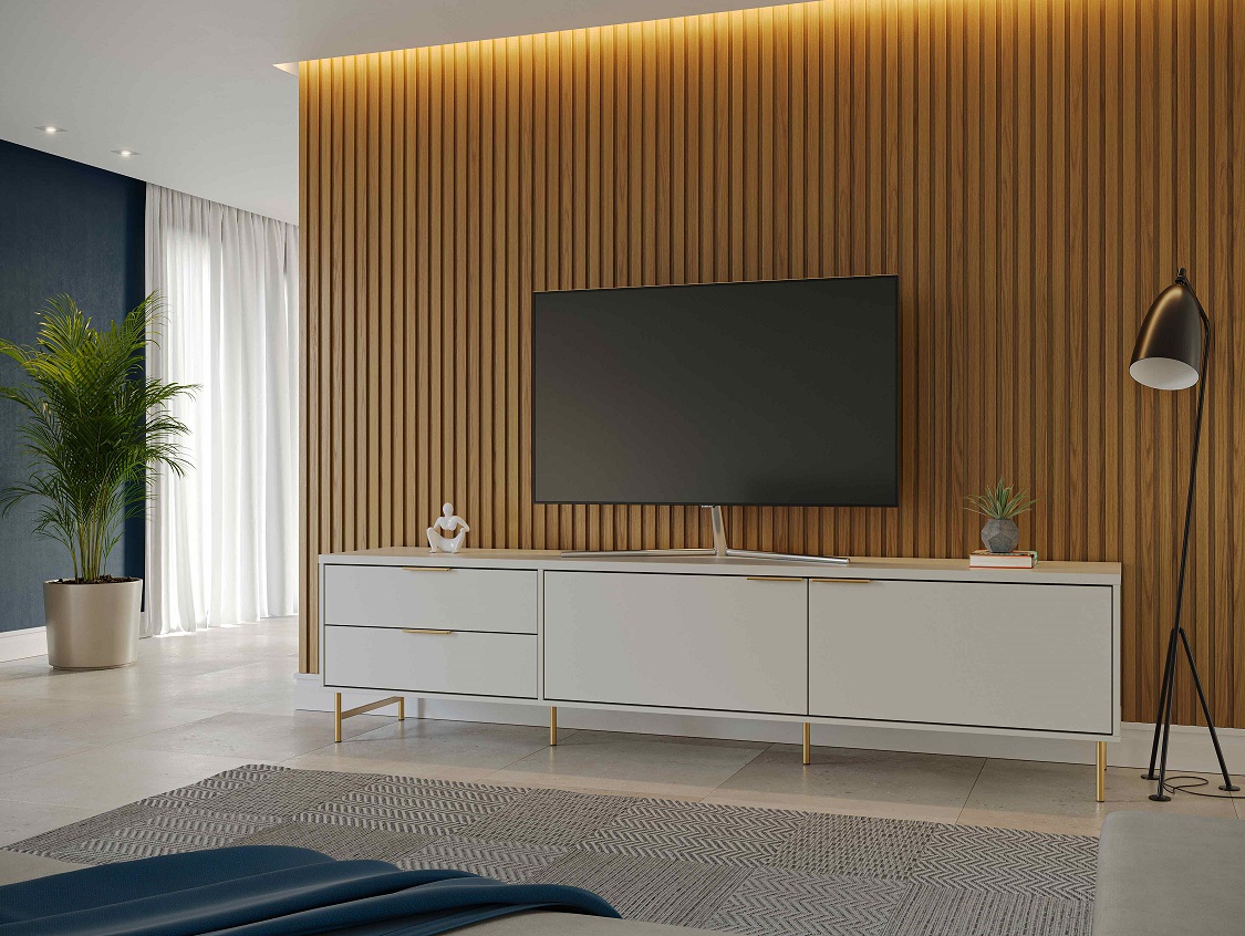 Rack com Painel Acolchoado e Revestimento em Linho: Conforto e Estilo - detalhe