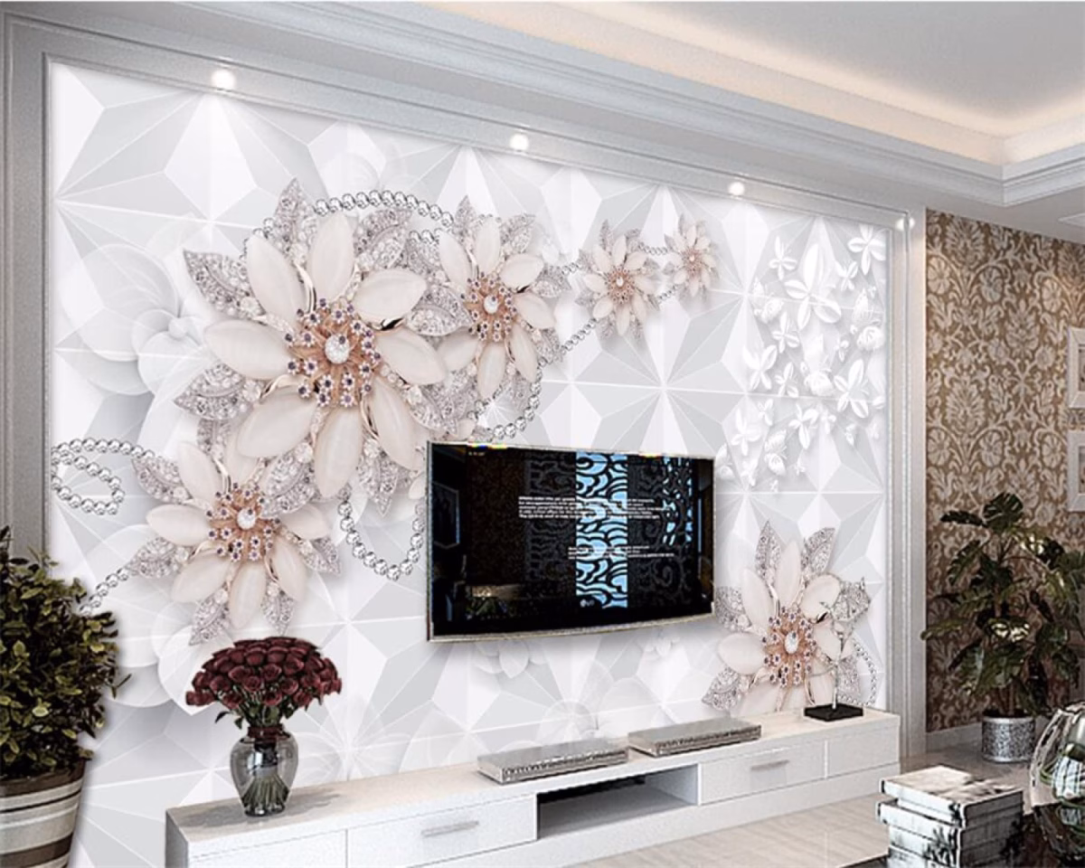 Delicadeza Romântica: Sala com Papel de Parede 3D Floral - detalhe