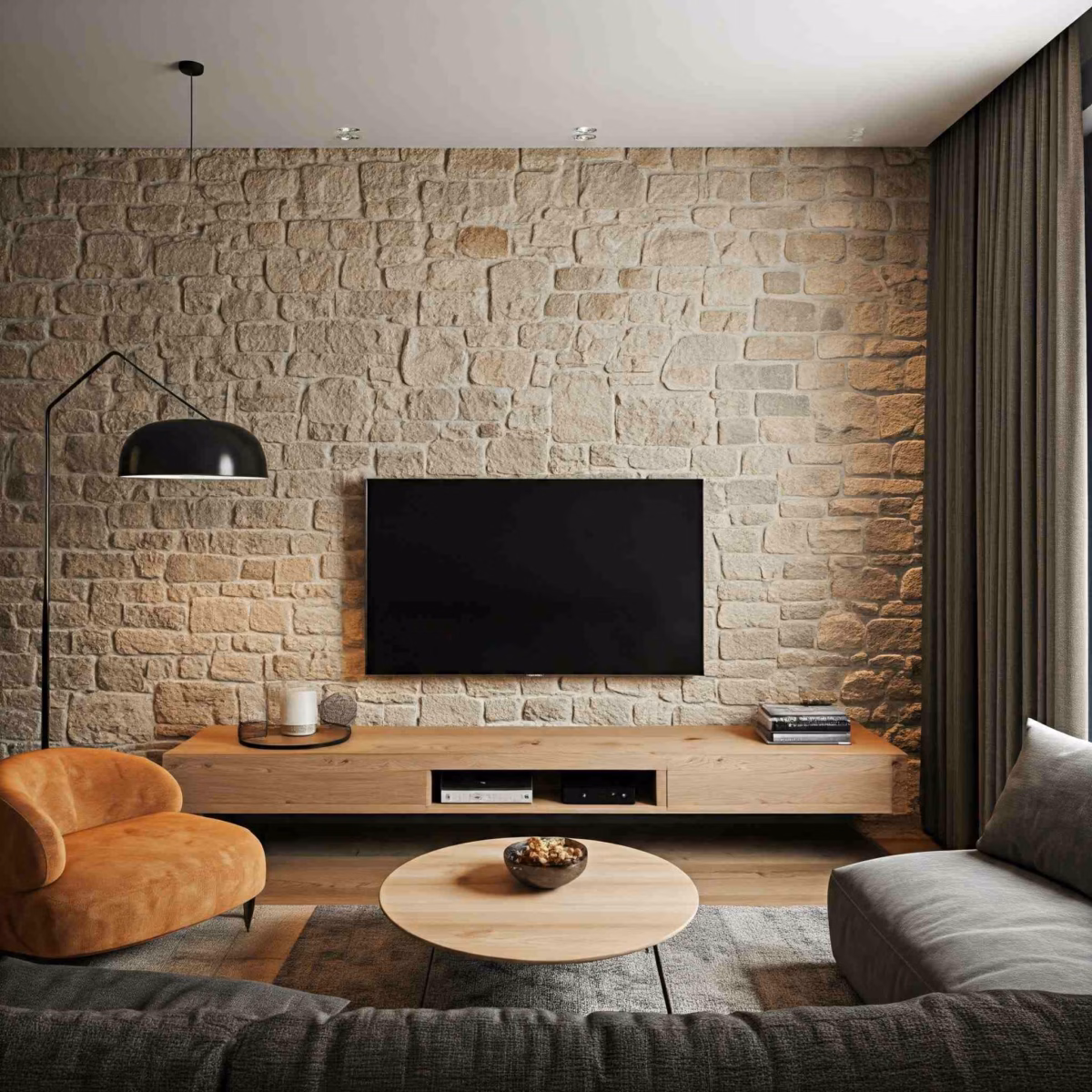 Efeito Natural: Sala com Textura de Pedras Naturais e Iluminação Estratégica - ideia