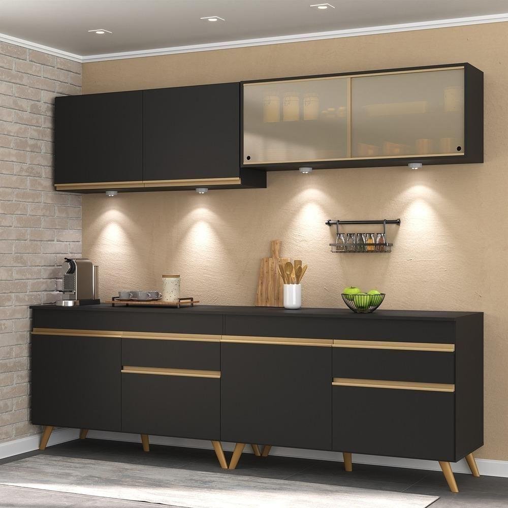 Armário de Cozinha de Madeira Escura com Iluminação LED Embutida: Sofisticação e Modernidade na Medida Certa - ideia