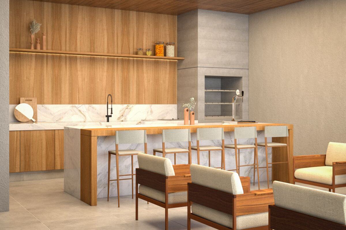 Península Multifuncional com Bancos Altos: Integração e Conforto - detalhe