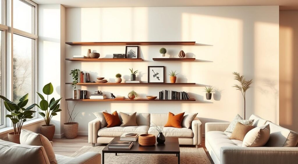 Paredes com Texturas Rústicas e Prateleiras Flutuantes - detalhe