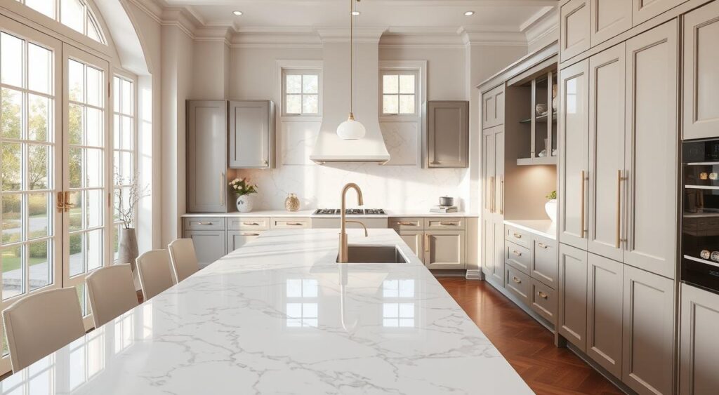 Cozinha Clássica com Bancada de Mármore Carrara: Requinte e Atemporalidade - ideia