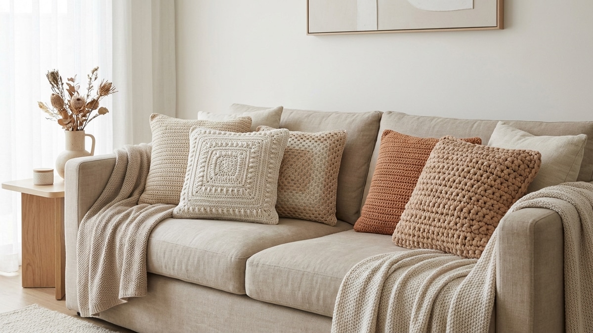 Sala Aconchegante com Almofadas de Crochê e Texturas Naturais - detalhe