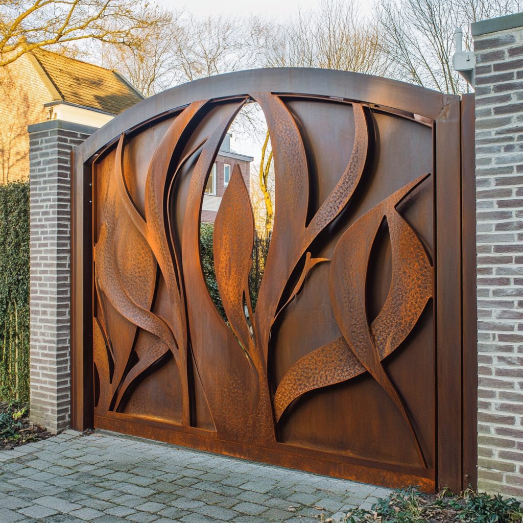 Portão Desempenado com Acabamento em Aço Corten: Visual Industrial Sofisticado - detalhe