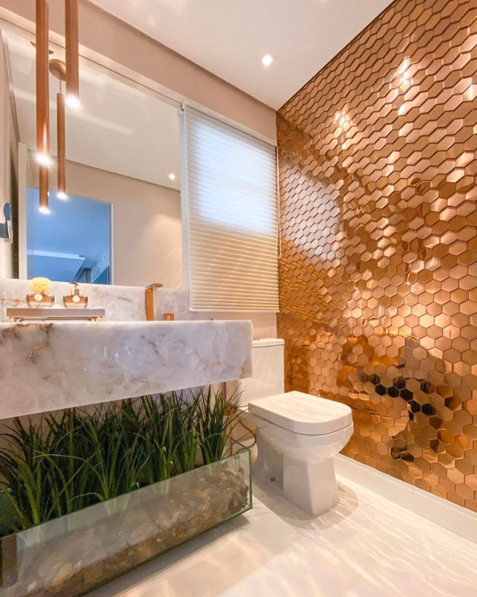 Banheiro Moderno com Cimento Queimado e Cobre - detalhe