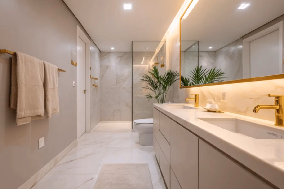Banheiro Grande com Detalhes Dourados: Sofisticação e Glamour - inspiração