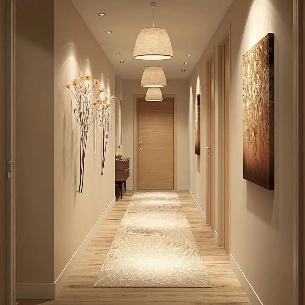 Corredor Iluminado com Arandelas Artísticas e Cores Claras - ideia