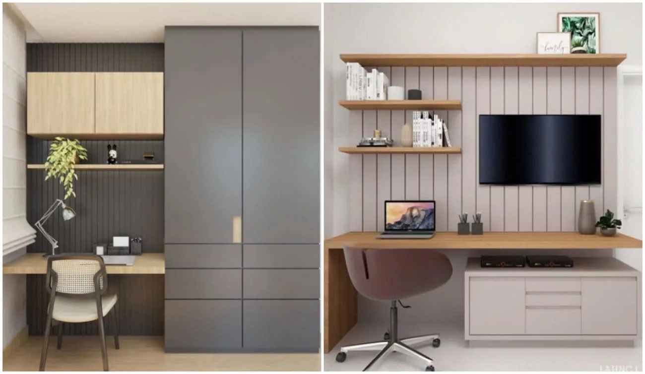 Home Office Integrado à Estante: Solução Inteligente para Livros e Decoração - ideia