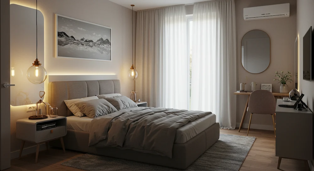 Aproveitando a Luz Natural: Cortinas Claras e Espelhos Ampliadores - detalhe