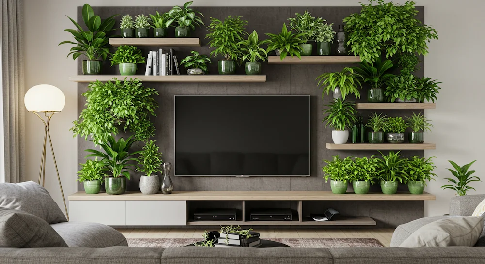 Painel de TV Integrado com Jardim Vertical: Natureza Dentro de Casa - detalhe