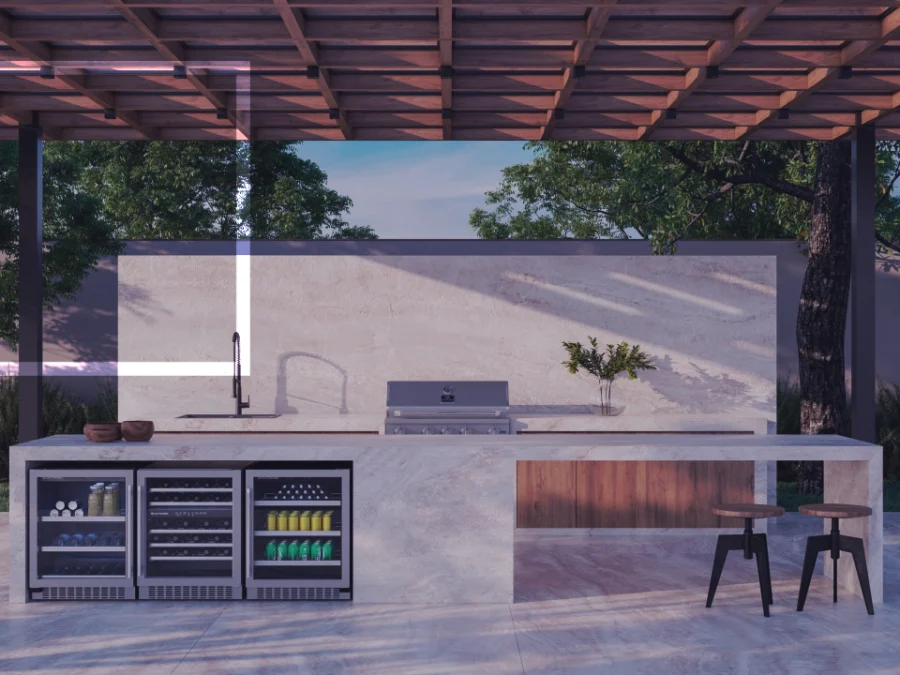 Espaço Gourmet ao Ar Livre: Integração e Convivência com Churrasqueira e Bancada - detalhe