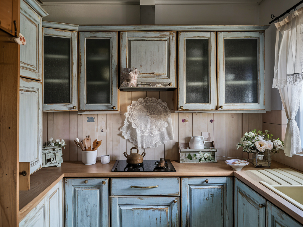 Armário de Cozinha Shabby Chic com Acabamento Envelhecido - detalhe