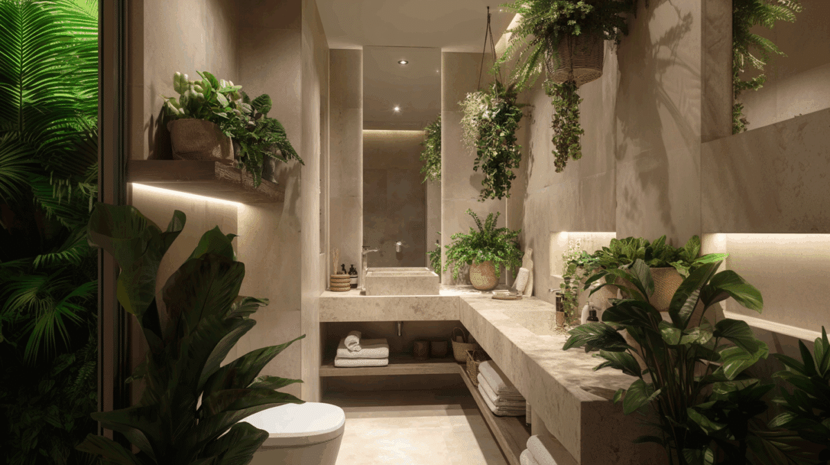Refúgio Tropical: Banheiro com Decoração Exuberante e Plantas - detalhe