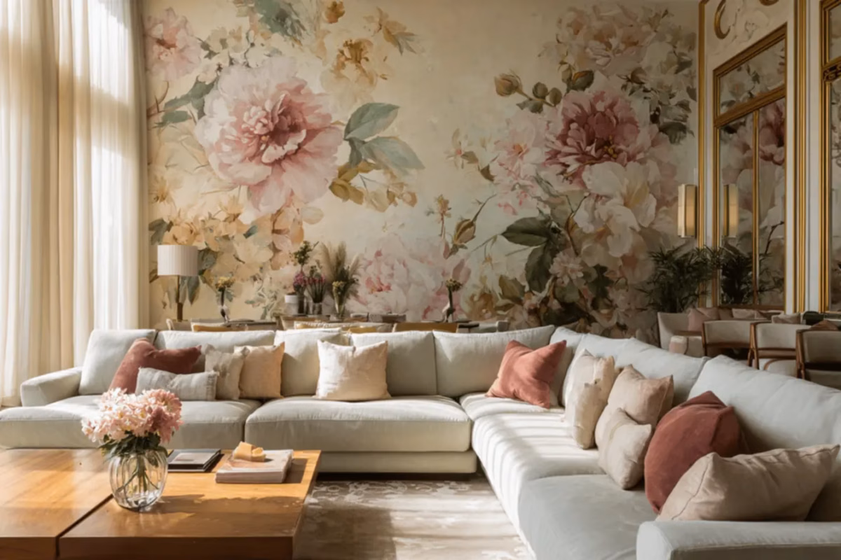 Delicadeza Floral: Papel de Parede com Estampa Suave em Tons Neutros - detalhe