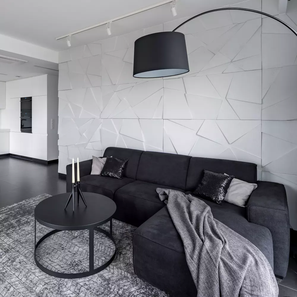 Elegância Atemporal: Sala de Estar com Textura de Gesso 3D - detalhe