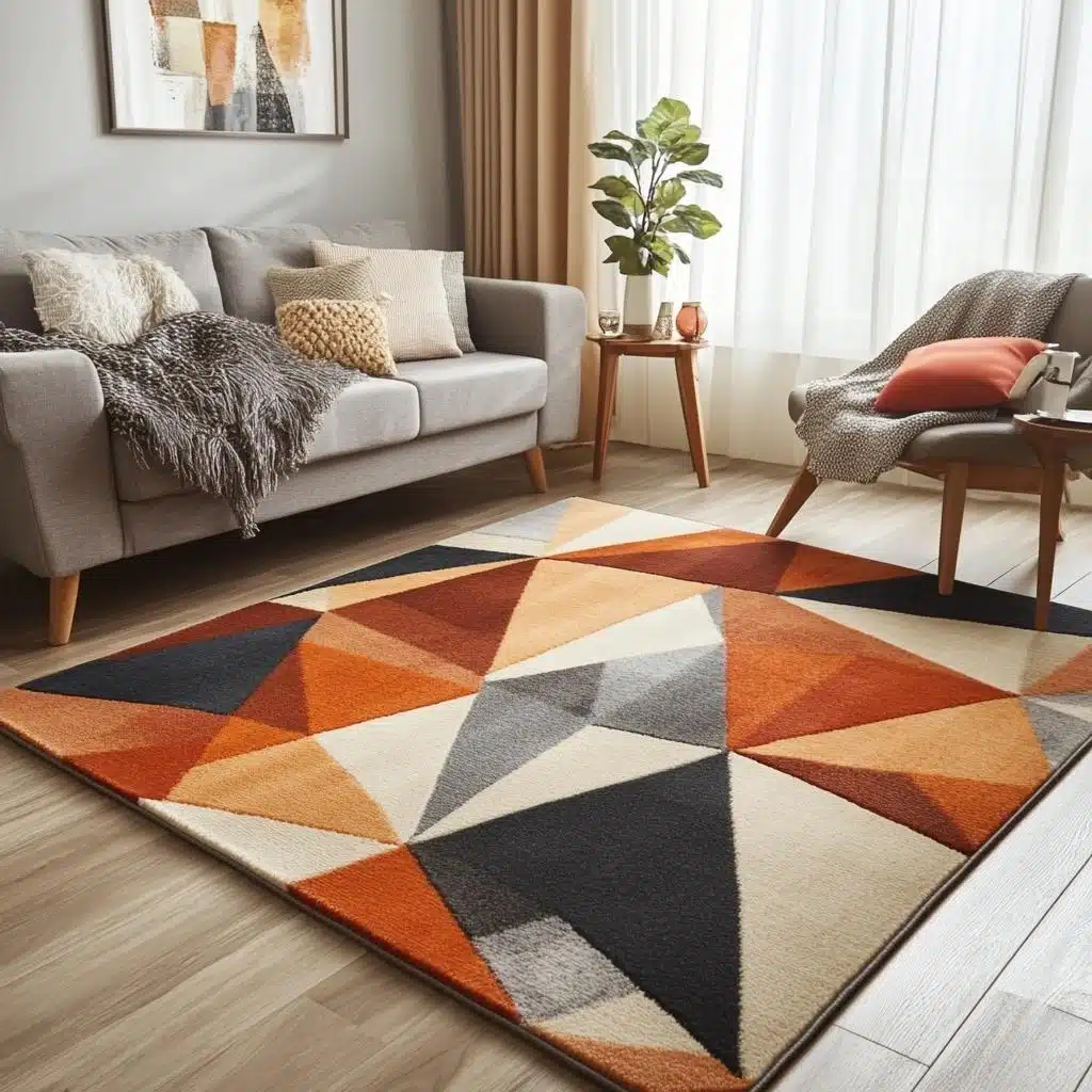 Geometria Suave: Sala de Estar Simples com Tapetes e Almofadas de Padrões Delicados - detalhe