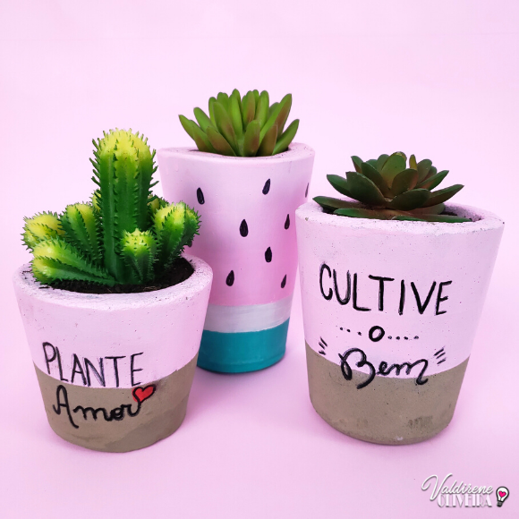 Suculentas em Vasos de Cimento DIY com Pintura Geométrica - ideia
