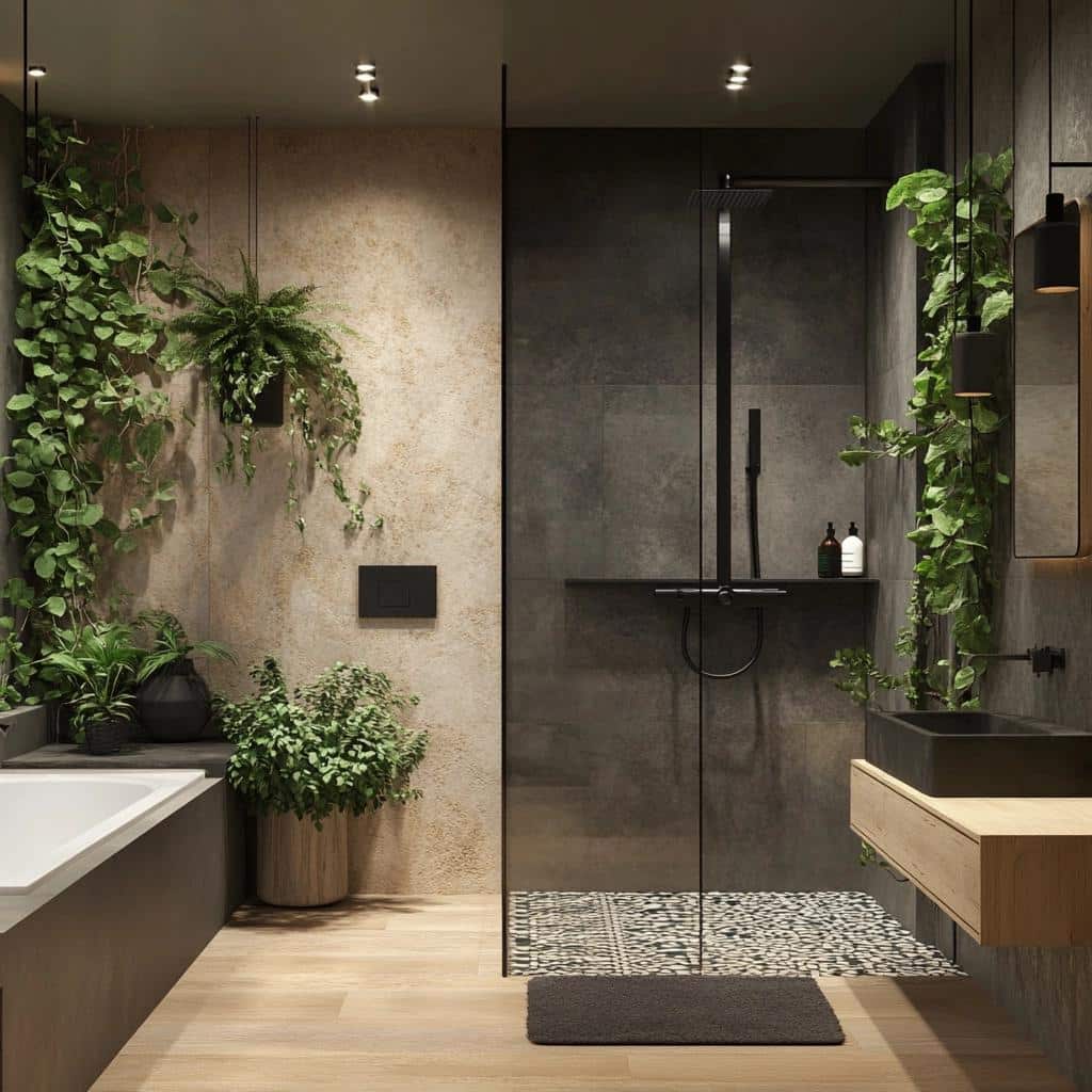 Banheiro Moderno com Plantas Suspensas e Frescor Natural - ideia